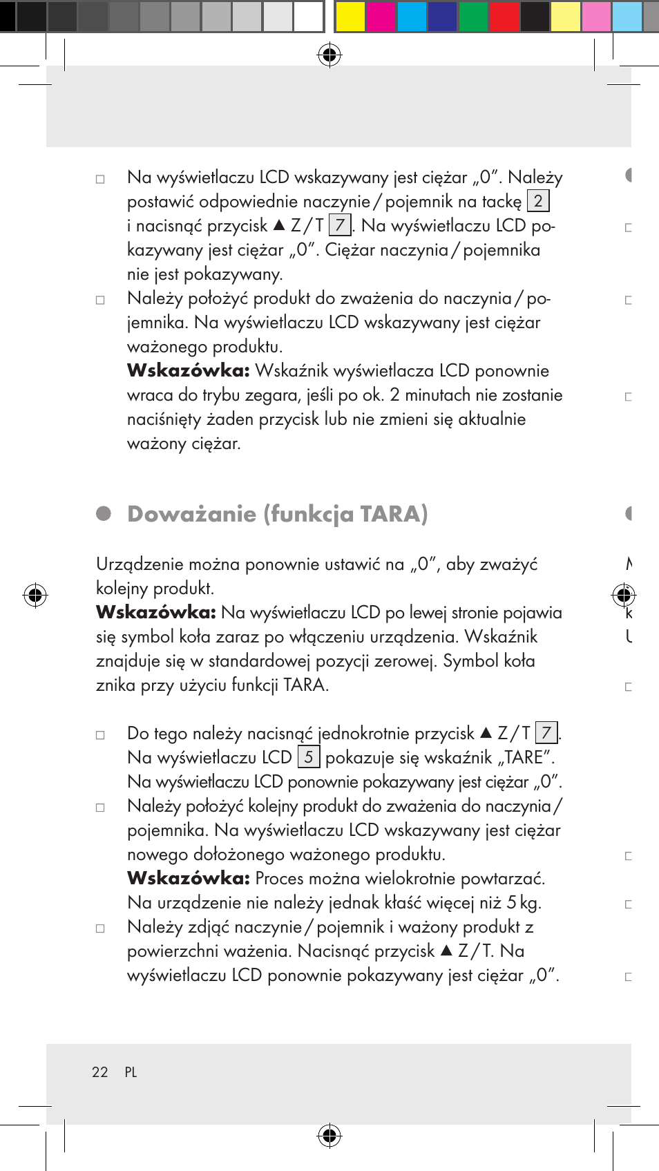 Doważanie (funkcja tara), Odejmowanie ważonego artykułu, Ustawianie minutnika | Silvercrest Z31183 User Manual | Page 22 / 86