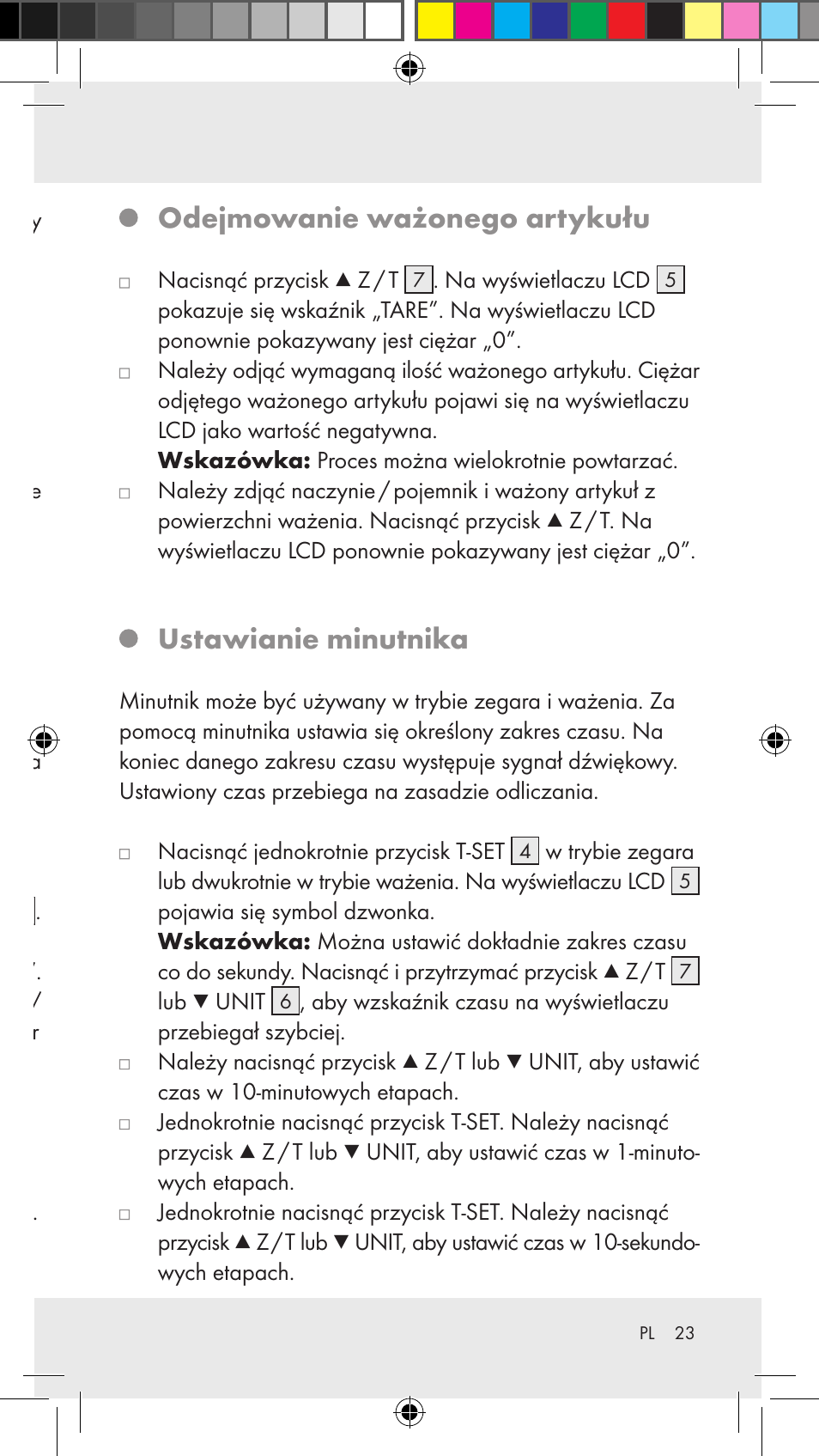 Doważanie (funkcja tara), Odejmowanie ważonego artykułu, Ustawianie minutnika | Silvercrest Z31183 User Manual | Page 23 / 86