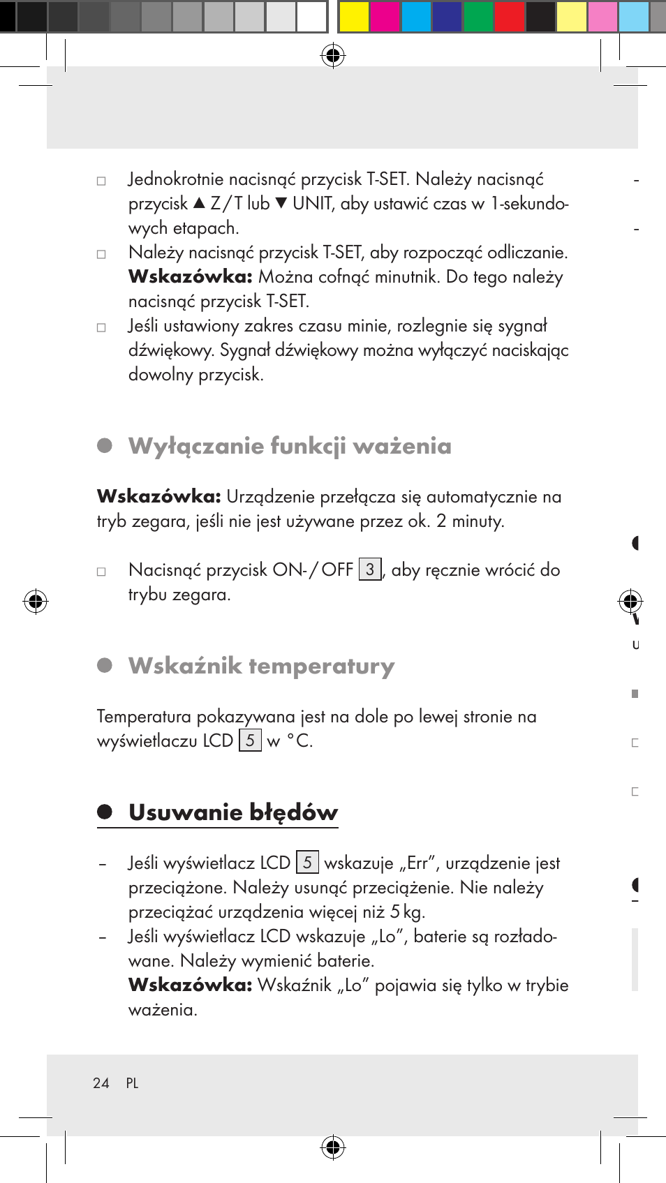 Wyłączanie funkcji ważenia, Wskaźnik temperatury, Usuwanie błędów | Czyszczenie, konserwacja, przechowywanie, Utylizacja | Silvercrest Z31183 User Manual | Page 24 / 86