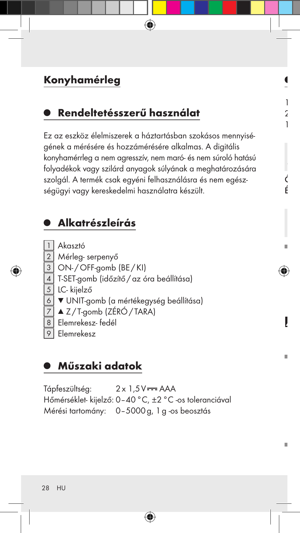 Konyhamérleg rendeltetésszerű használat, Alkatrészleírás, Műszaki adatok | A csomag tartalma, Biztonsági utasítások, Általános biztonsági utasítások | Silvercrest Z31183 User Manual | Page 28 / 86