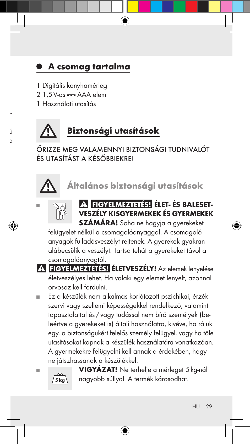 Konyhamérleg rendeltetésszerű használat, Alkatrészleírás, Műszaki adatok | A csomag tartalma, Biztonsági utasítások, Általános biztonsági utasítások | Silvercrest Z31183 User Manual | Page 29 / 86