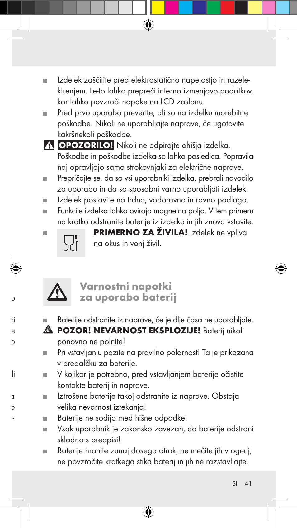 Obseg dobave, Varnostna opozorila, Splošna varnostna opozorila | Varnostni napotki za uporabo baterij | Silvercrest Z31183 User Manual | Page 41 / 86