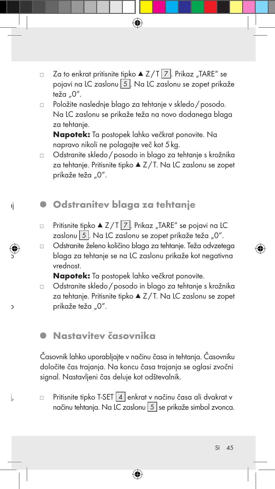 Tariranje (funkcija tara), Odstranitev blaga za tehtanje, Nastavitev časovnika | Silvercrest Z31183 User Manual | Page 45 / 86