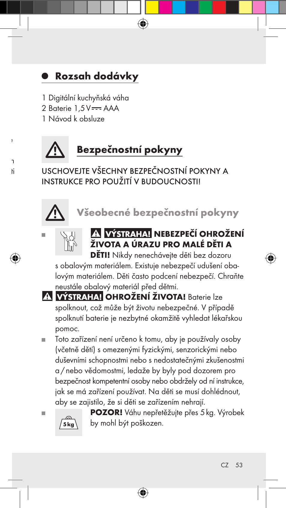 Kuchyňská váha použití ke stanovenému účelu, Popis dílů, Technické údaje | Rozsah dodávky, Bezpečnostní pokyny, Všeobecné bezpečnostní pokyny | Silvercrest Z31183 User Manual | Page 53 / 86