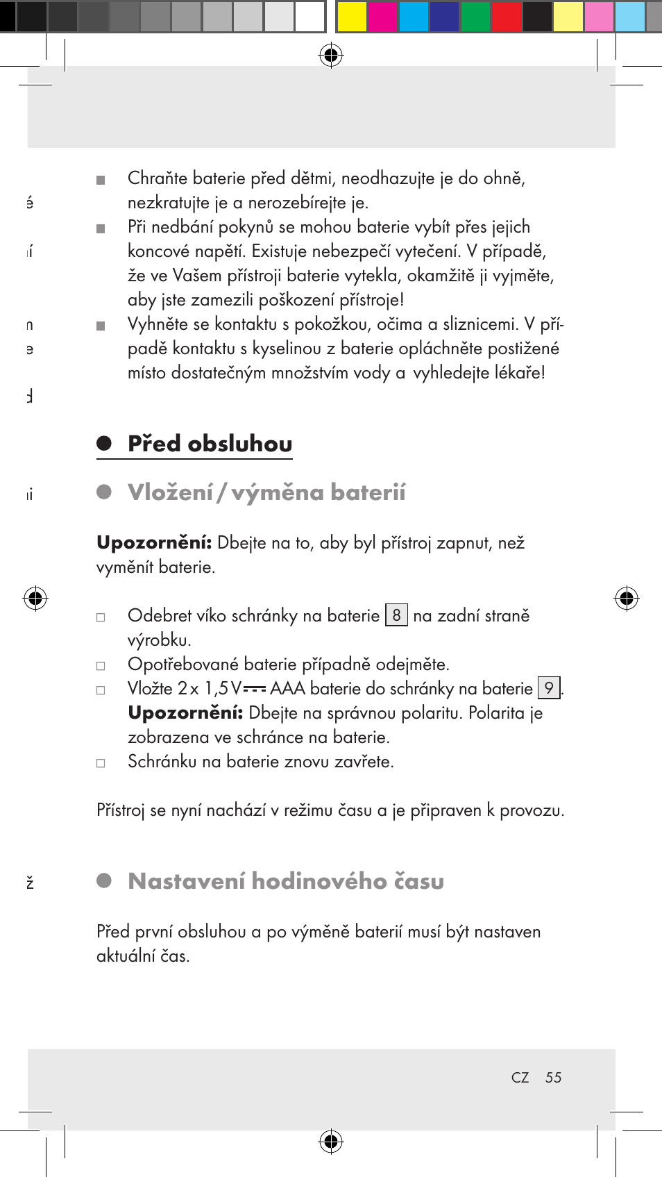 Bezpečnostní pokyny pro baterie, Před obsluhou vložení / výměna baterií, Nastavení hodinového času | Silvercrest Z31183 User Manual | Page 55 / 86