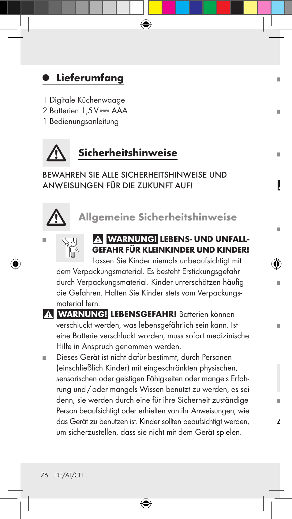 Lieferumfang, Sicherheitshinweise, Allgemeine sicherheitshinweise | Sicherheitshinweise zu batterien | Silvercrest Z31183 User Manual | Page 76 / 86
