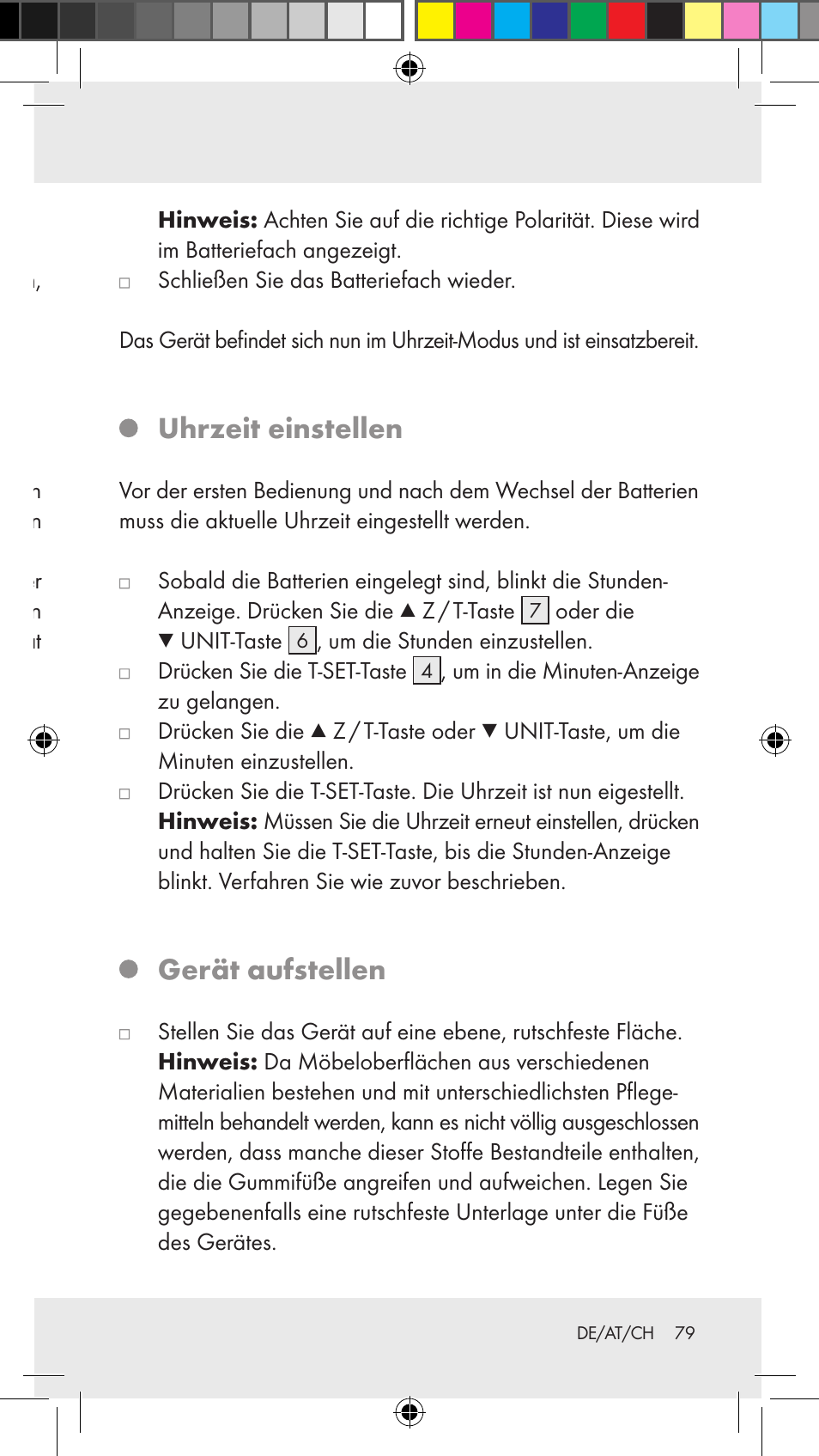 Vor der bedienung batterien einlegen / wechseln, Uhrzeit einstellen, Gerät aufstellen | Silvercrest Z31183 User Manual | Page 79 / 86