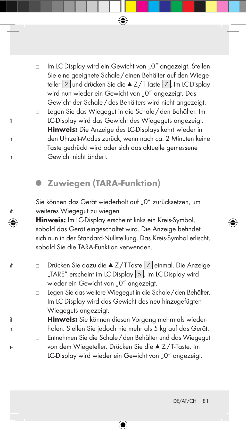 Bedienung gewichtseinheit einstellen und wiegen, Zuwiegen (tara-funktion) | Silvercrest Z31183 User Manual | Page 81 / 86