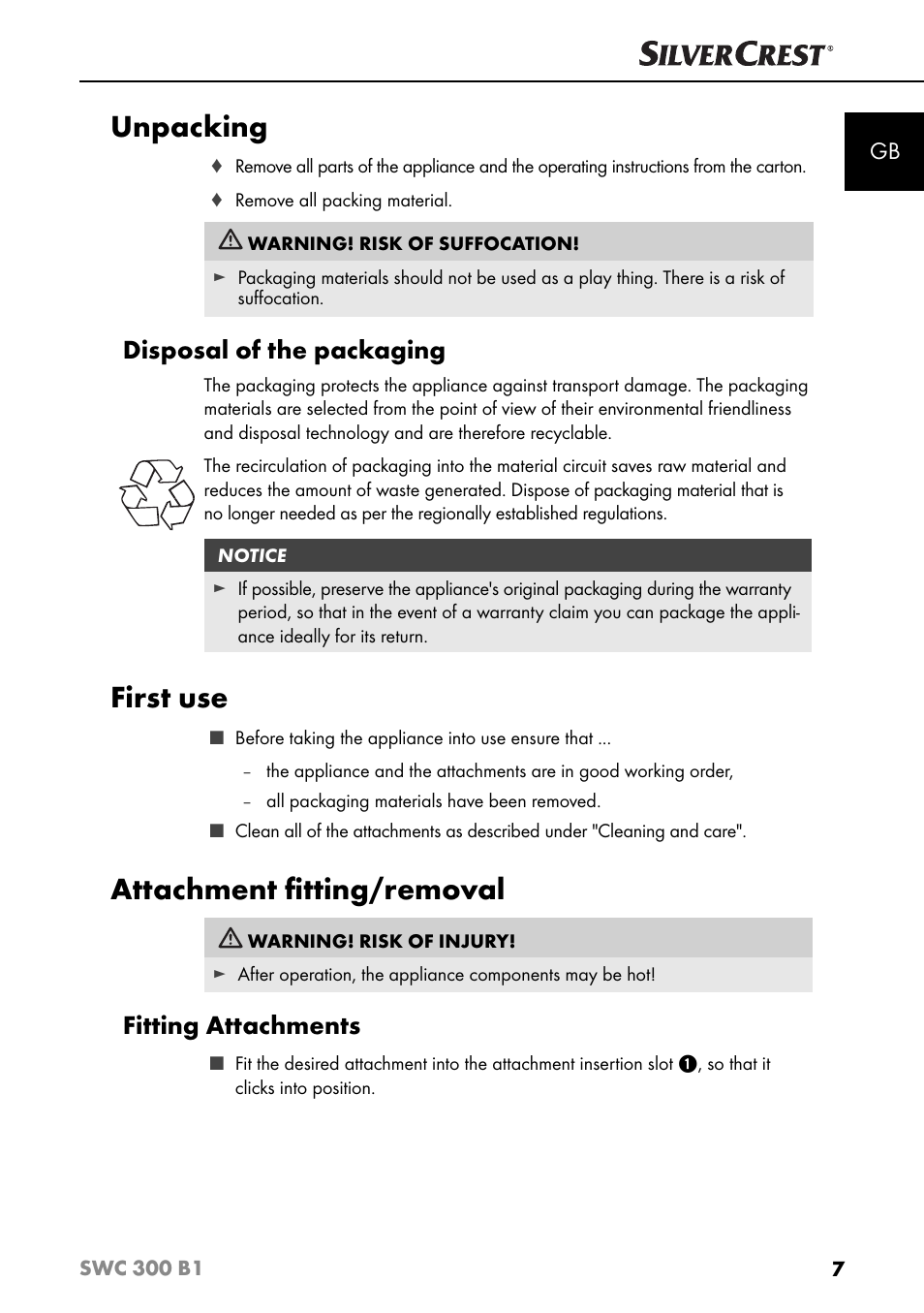 Unpacking, First use, Attachment ﬁ tting/removal | Disposal of the packaging, Fitting attachments | Silvercrest SWC 300 B1 User Manual | Page 10 / 88