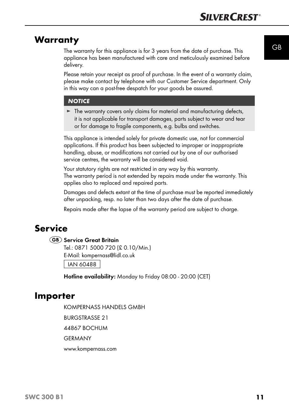 Warranty, Service, Importer | Silvercrest SWC 300 B1 User Manual | Page 14 / 88