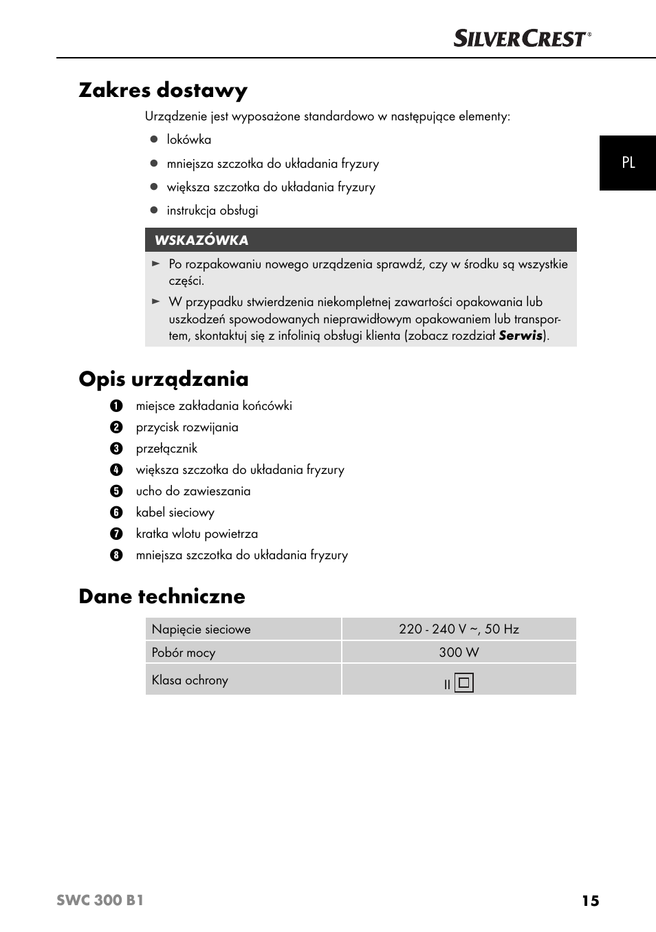 Zakres dostawy, Opis urządzania, Dane techniczne | Silvercrest SWC 300 B1 User Manual | Page 18 / 88