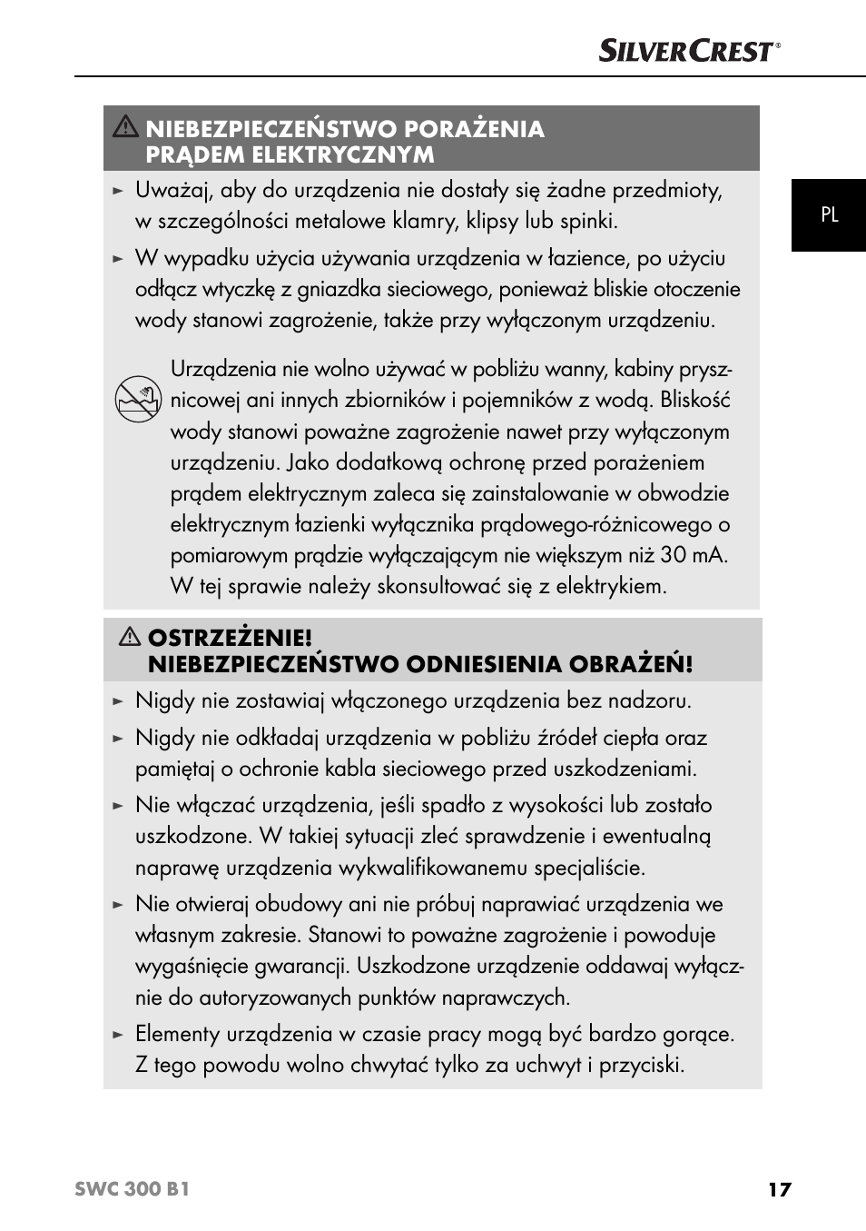 Niebezpieczeństwo porażenia prądem elektrycznym | Silvercrest SWC 300 B1 User Manual | Page 20 / 88