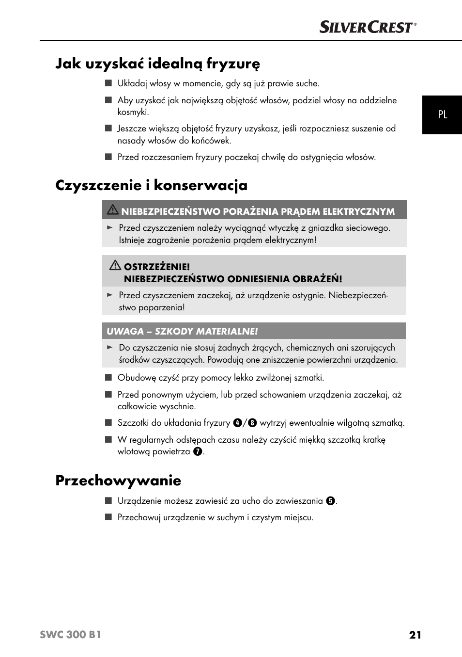 Jak uzyskać idealną fryzurę, Czyszczenie i konserwacja, Przechowywanie | Silvercrest SWC 300 B1 User Manual | Page 24 / 88