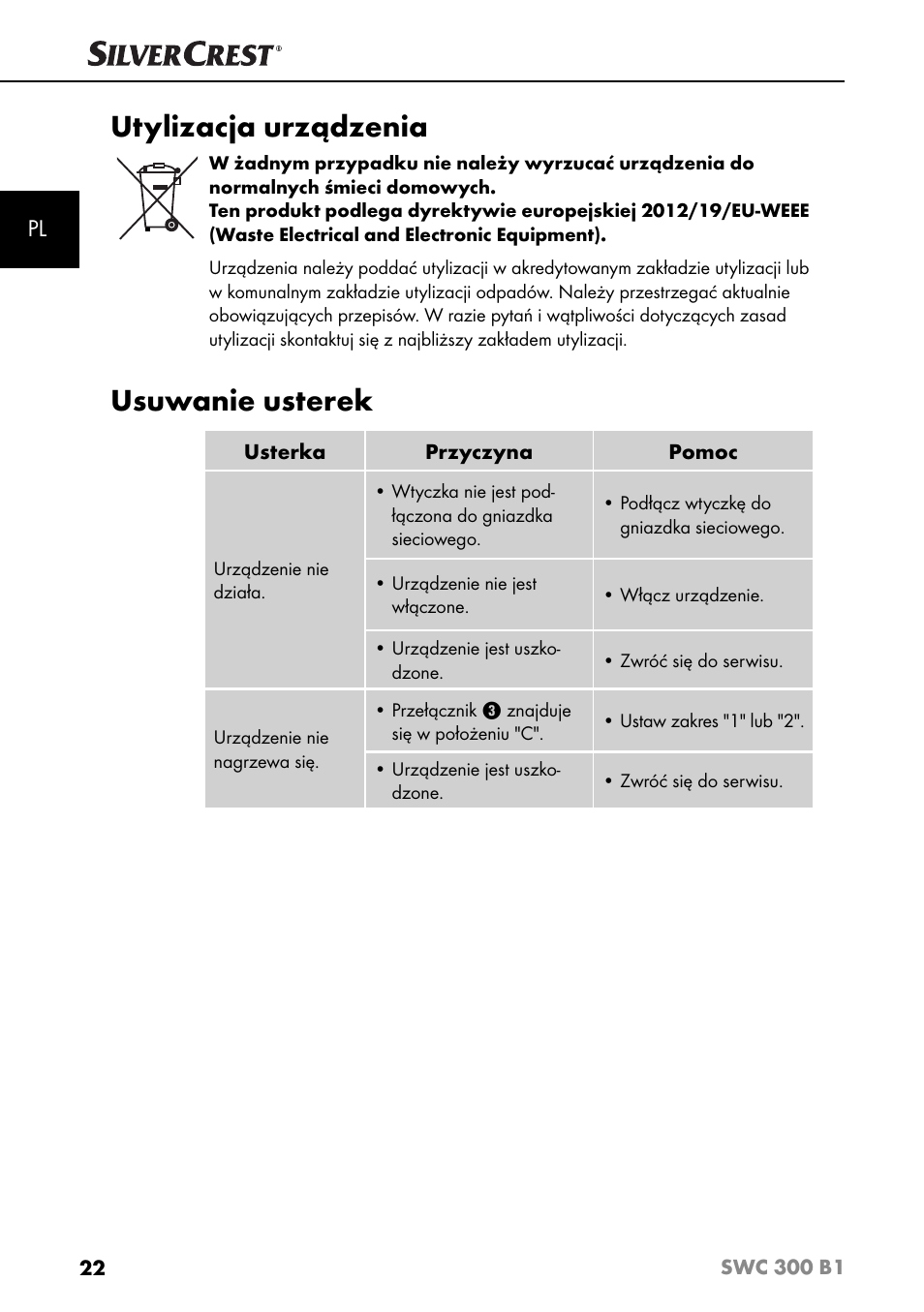 Utylizacja urządzenia, Usuwanie usterek | Silvercrest SWC 300 B1 User Manual | Page 25 / 88