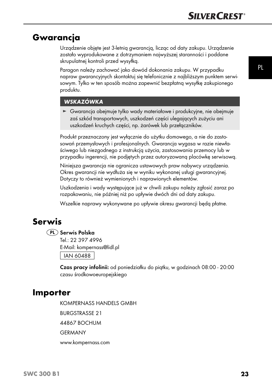 Gwarancja, Serwis, Importer | Silvercrest SWC 300 B1 User Manual | Page 26 / 88