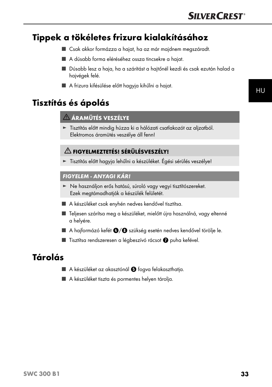 Tippek a tökéletes frizura kialakításához, Tisztítás és ápolás, Tárolás | Silvercrest SWC 300 B1 User Manual | Page 36 / 88