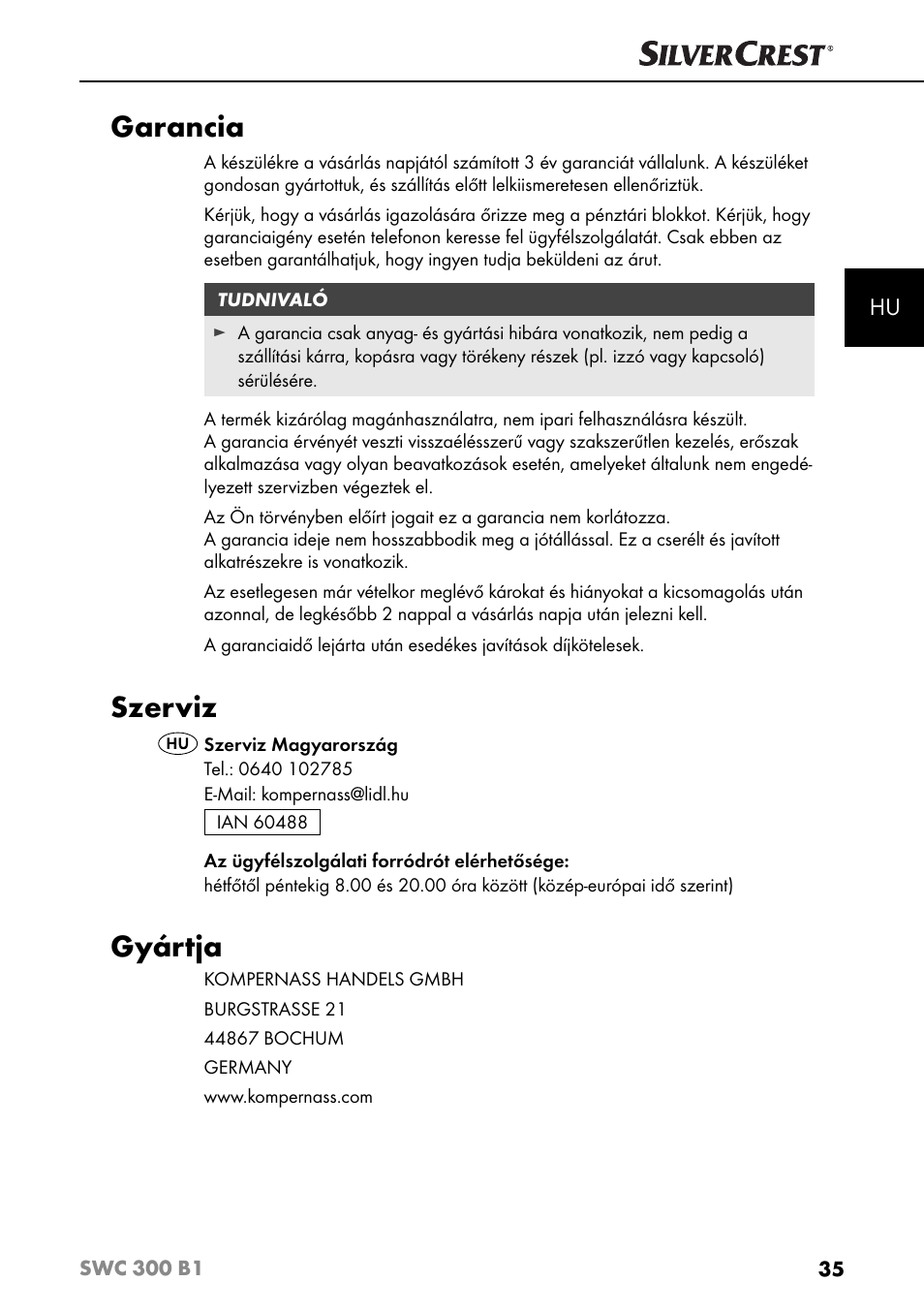 Garancia, Szerviz, Gyártja | Silvercrest SWC 300 B1 User Manual | Page 38 / 88