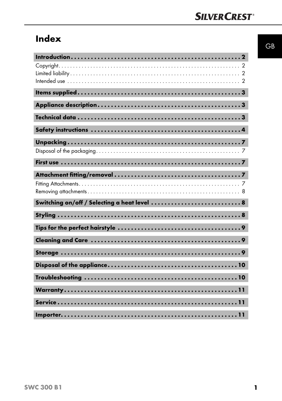 Index | Silvercrest SWC 300 B1 User Manual | Page 4 / 88