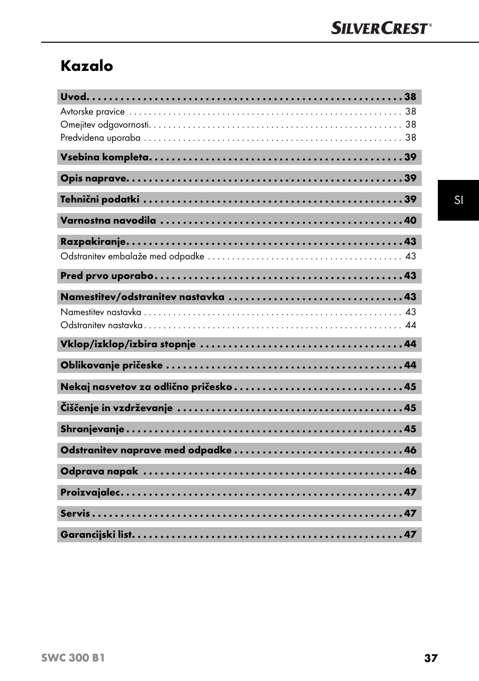 Kazalo | Silvercrest SWC 300 B1 User Manual | Page 40 / 88