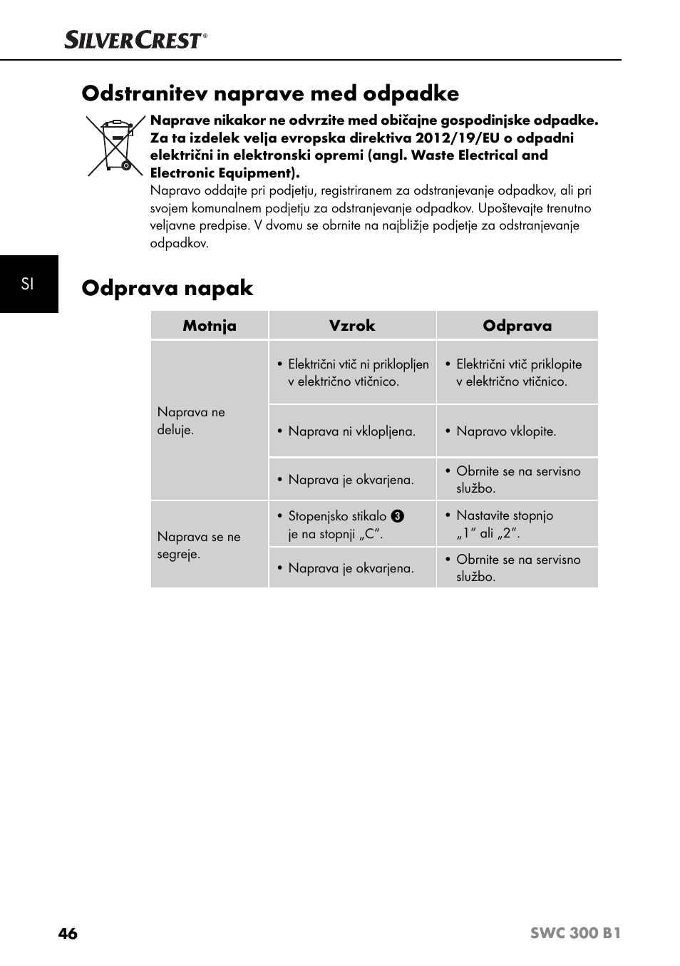 Odstranitev naprave med odpadke, Odprava napak | Silvercrest SWC 300 B1 User Manual | Page 49 / 88