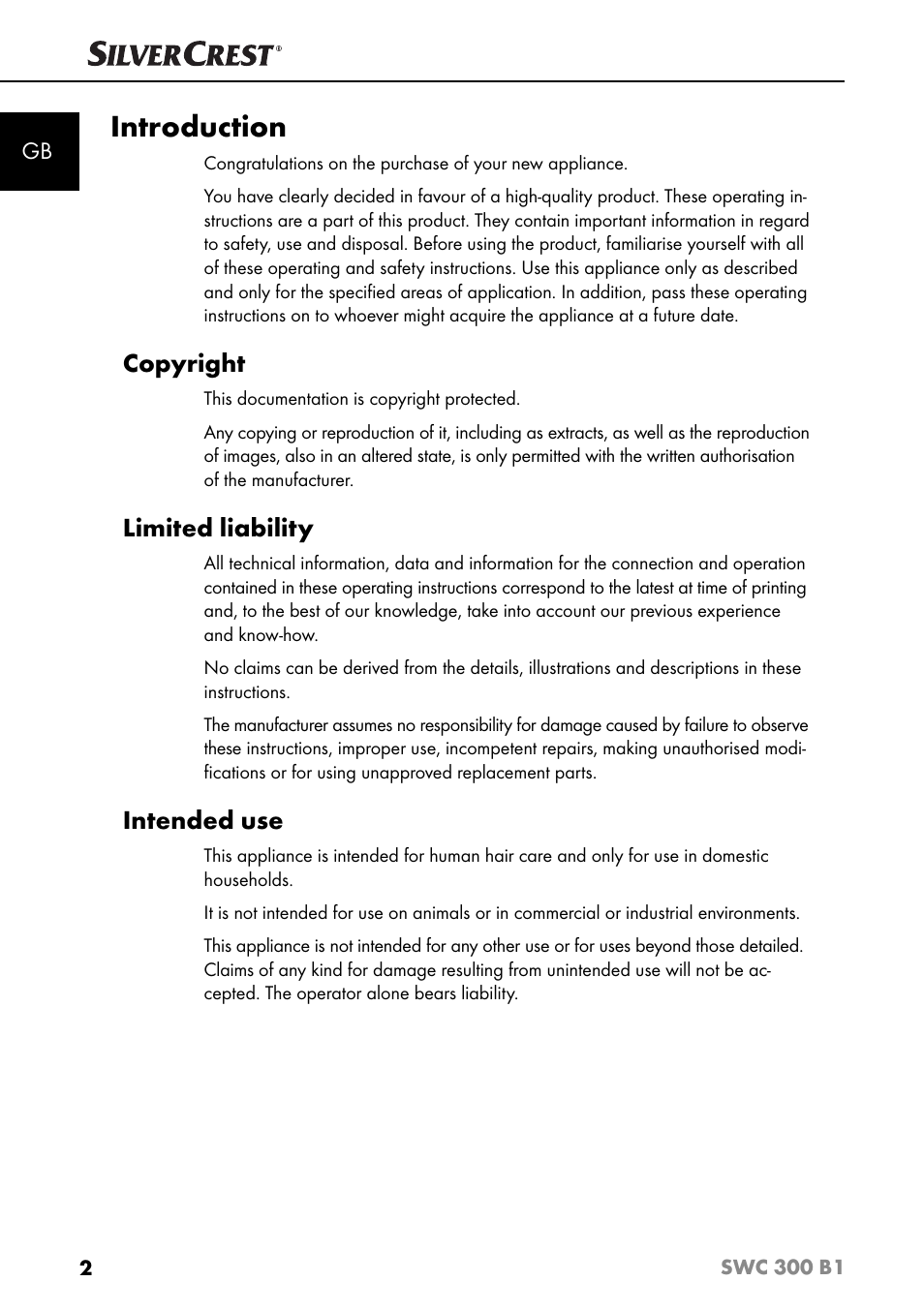 Introduction, Copyright, Limited liability | Intended use | Silvercrest SWC 300 B1 User Manual | Page 5 / 88