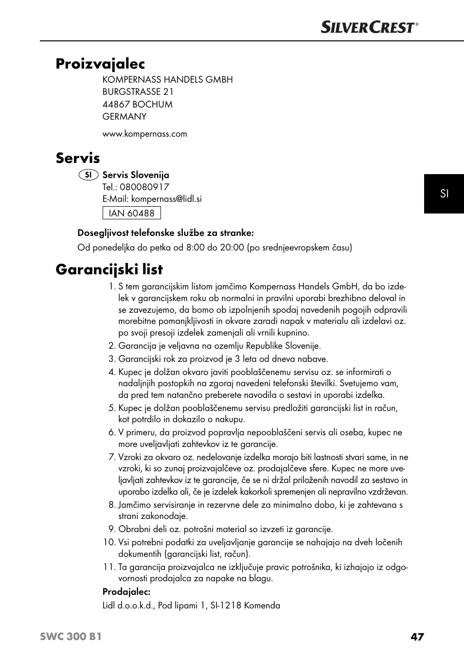 Proizvajalec, Servis, Garancijski list | Silvercrest SWC 300 B1 User Manual | Page 50 / 88