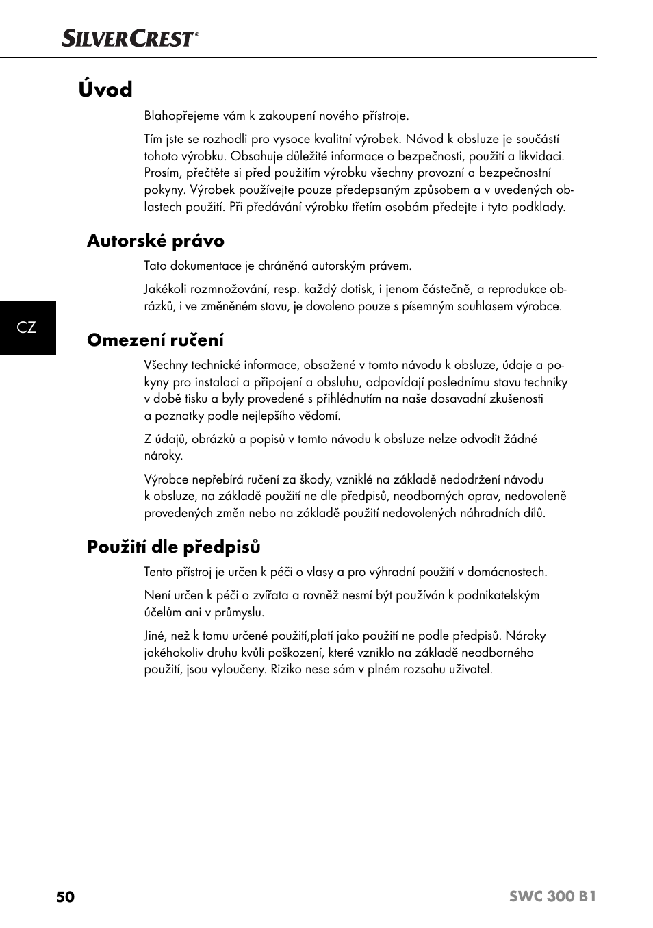 Úvod, Autorské právo, Omezení ručení | Použití dle předpisů | Silvercrest SWC 300 B1 User Manual | Page 53 / 88