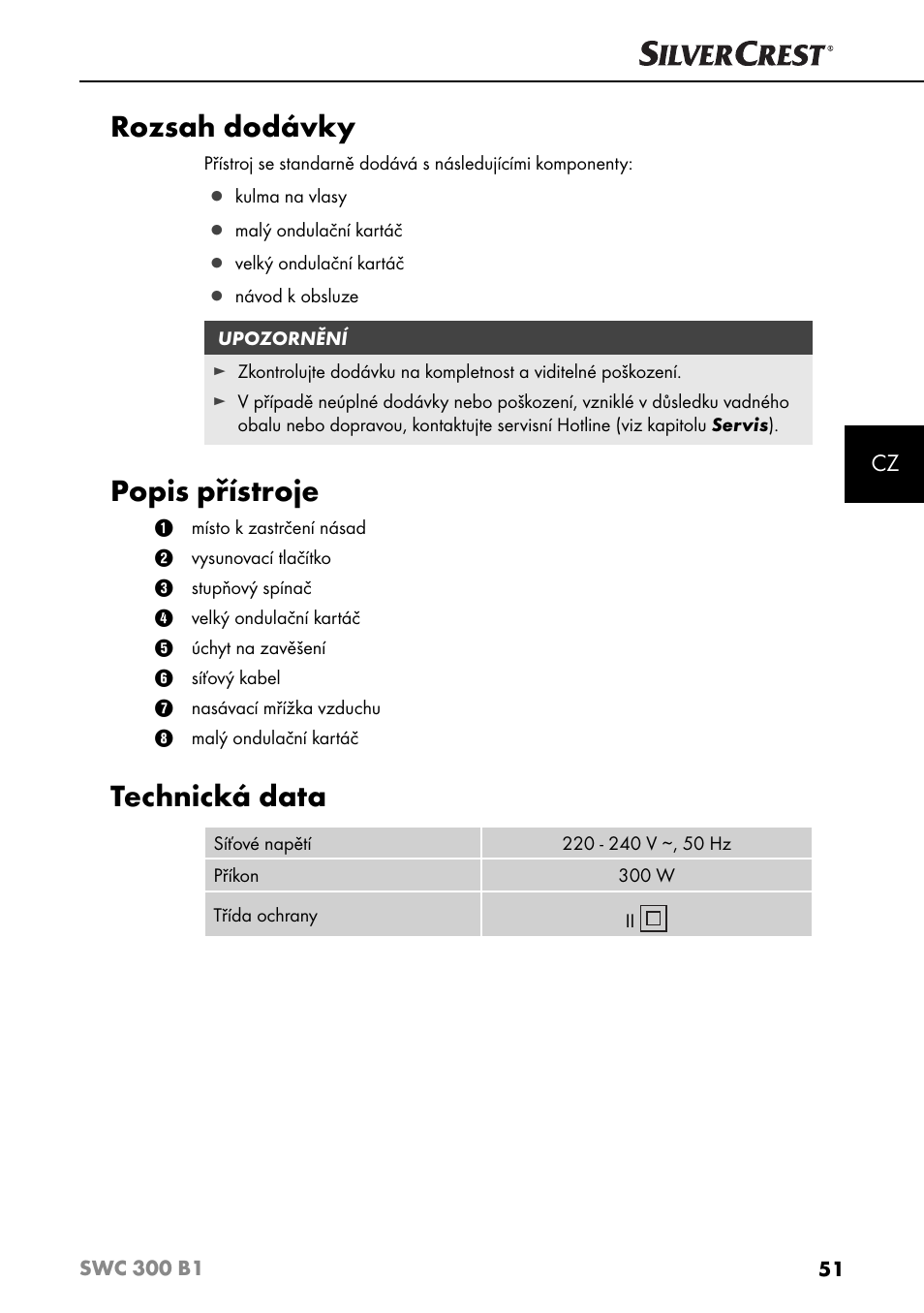 Rozsah dodávky, Popis přístroje, Technická data | Silvercrest SWC 300 B1 User Manual | Page 54 / 88
