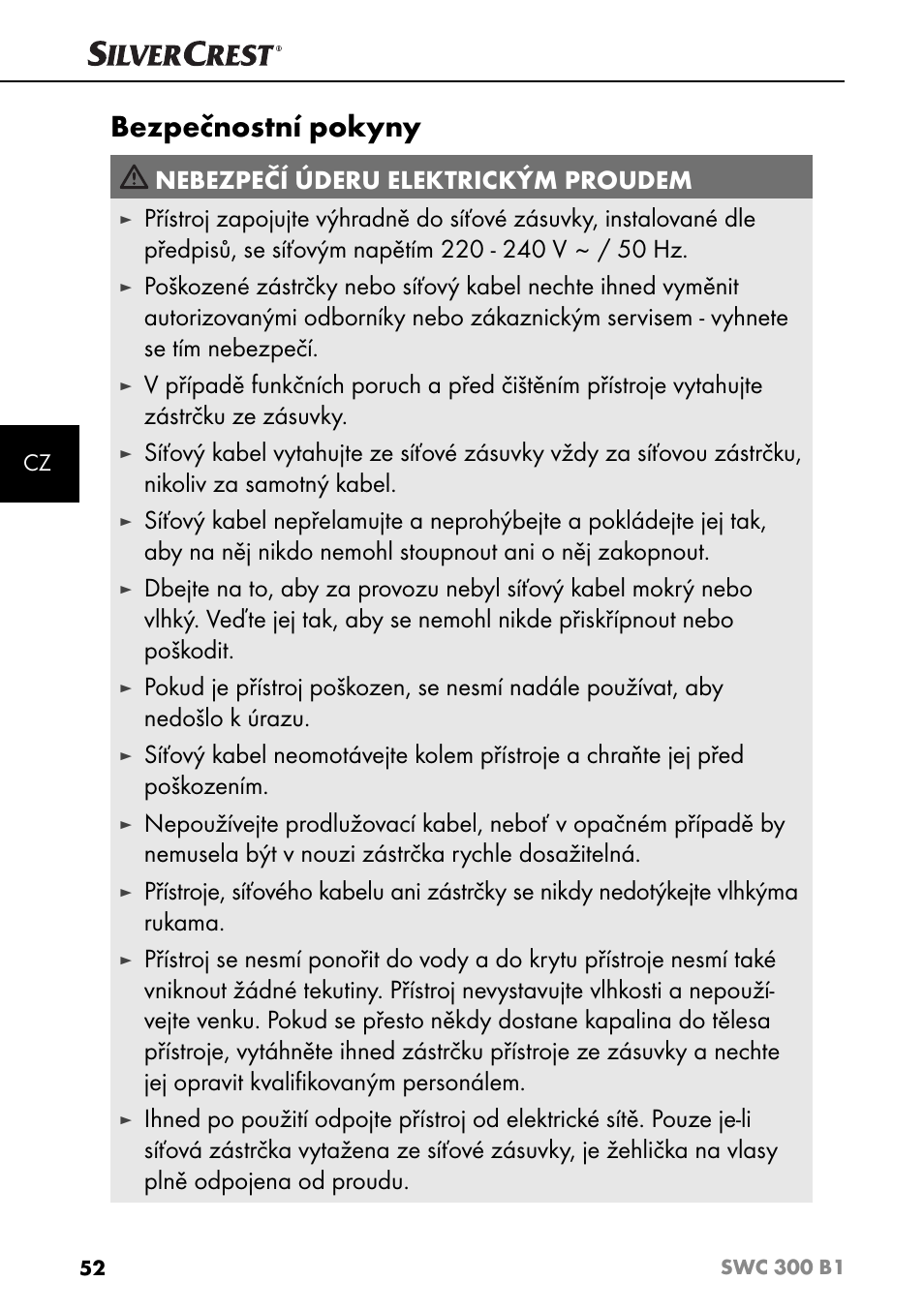 Bezpečnostní pokyny, Nebezpečí úderu elektrickým proudem | Silvercrest SWC 300 B1 User Manual | Page 55 / 88