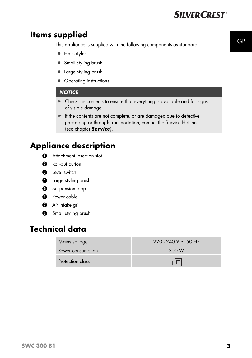 Items supplied, Appliance description, Technical data | Silvercrest SWC 300 B1 User Manual | Page 6 / 88