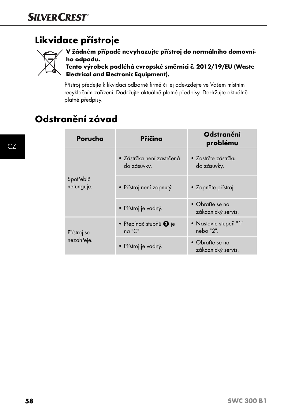 Likvidace přístroje, Odstranění závad | Silvercrest SWC 300 B1 User Manual | Page 61 / 88