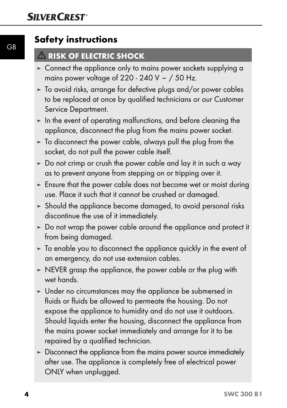 Safety instructions, Risk of electric shock | Silvercrest SWC 300 B1 User Manual | Page 7 / 88