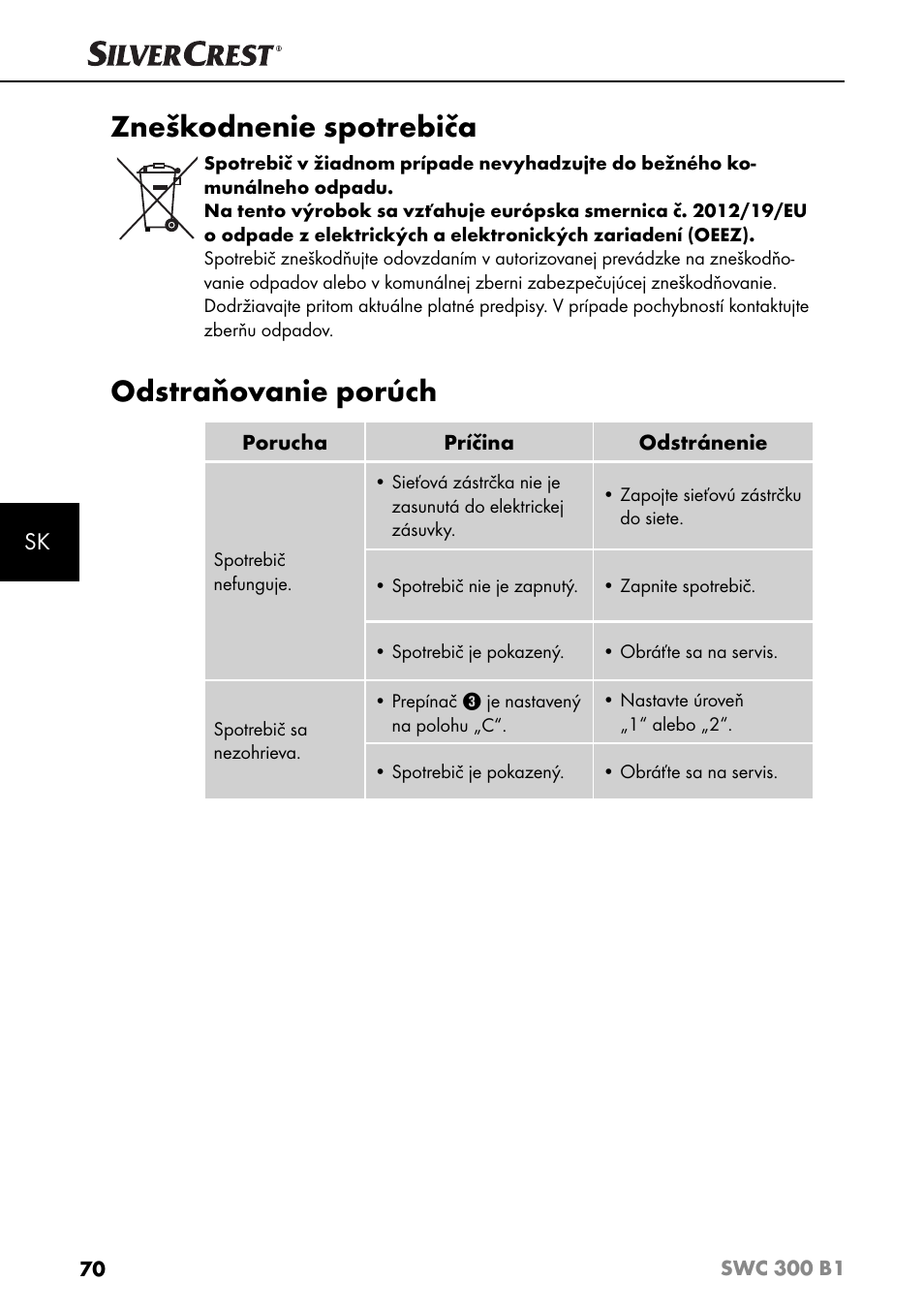 Zneškodnenie spotrebiča, Odstraňovanie porúch | Silvercrest SWC 300 B1 User Manual | Page 73 / 88