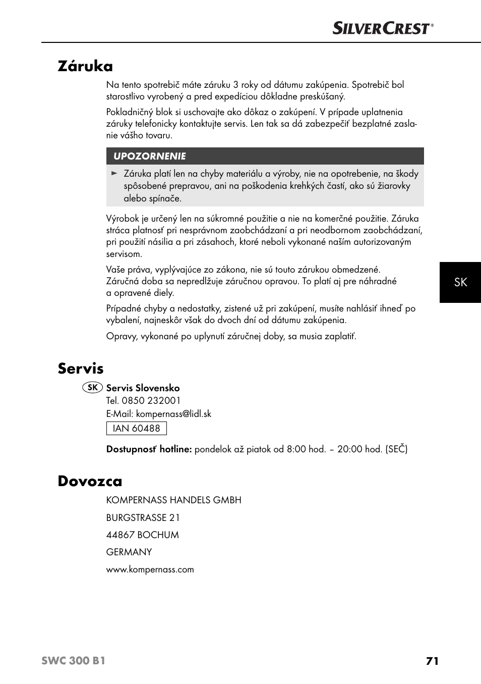 Záruka, Servis, Dovozca | Silvercrest SWC 300 B1 User Manual | Page 74 / 88