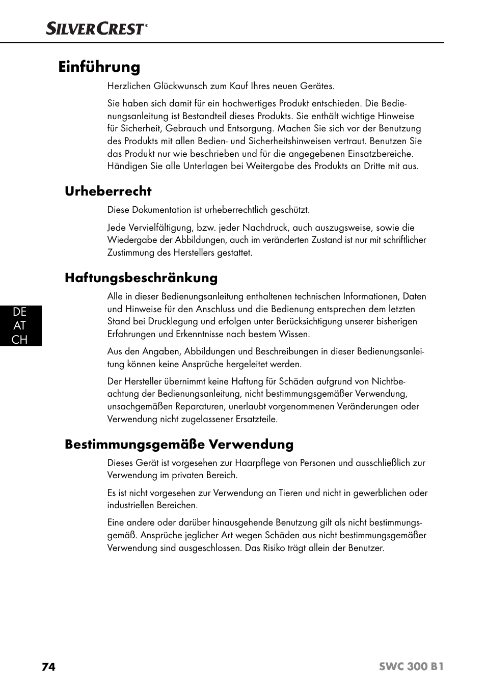 Einführung, Urheberrecht, Haftungsbeschränkung | Bestimmungsgemäße verwendung | Silvercrest SWC 300 B1 User Manual | Page 77 / 88