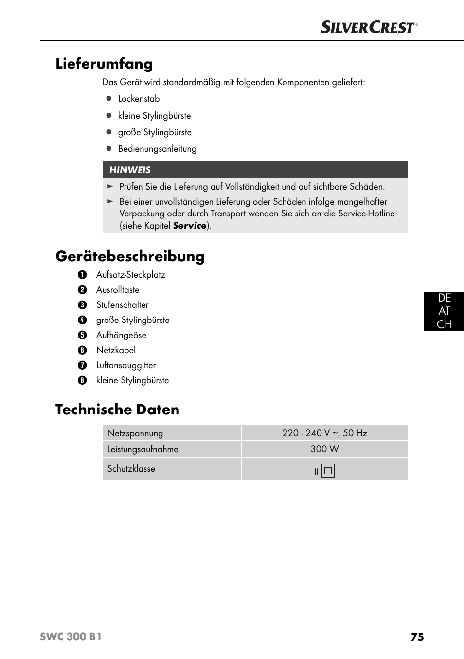 Lieferumfang, Gerätebeschreibung, Technische daten | De at ch | Silvercrest SWC 300 B1 User Manual | Page 78 / 88
