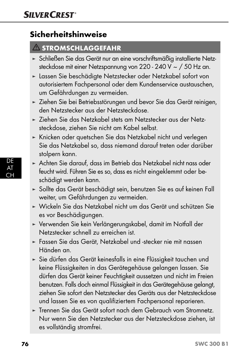 Sicherheitshinweise, Stromschlaggefahr | Silvercrest SWC 300 B1 User Manual | Page 79 / 88