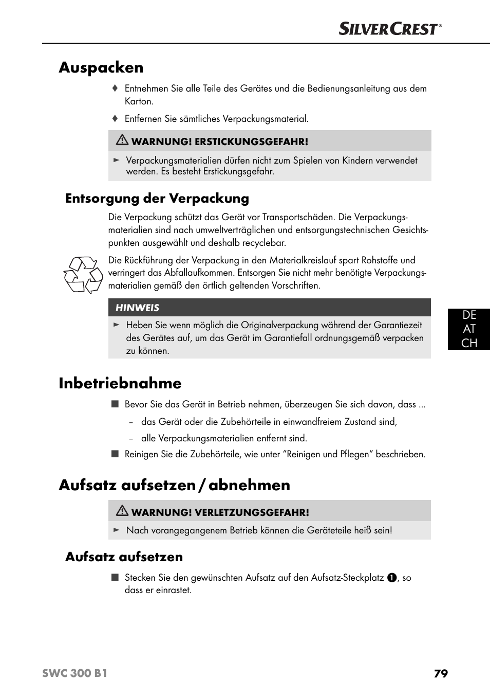 Auspacken, Inbetriebnahme, Aufsatz aufsetzen / abnehmen | Entsorgung der verpackung, Aufsatz aufsetzen, De at ch | Silvercrest SWC 300 B1 User Manual | Page 82 / 88