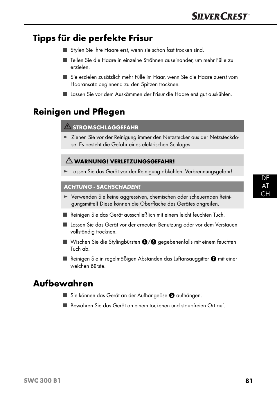 Tipps für die perfekte frisur, Reinigen und pﬂ egen, Aufbewahren | De at ch | Silvercrest SWC 300 B1 User Manual | Page 84 / 88