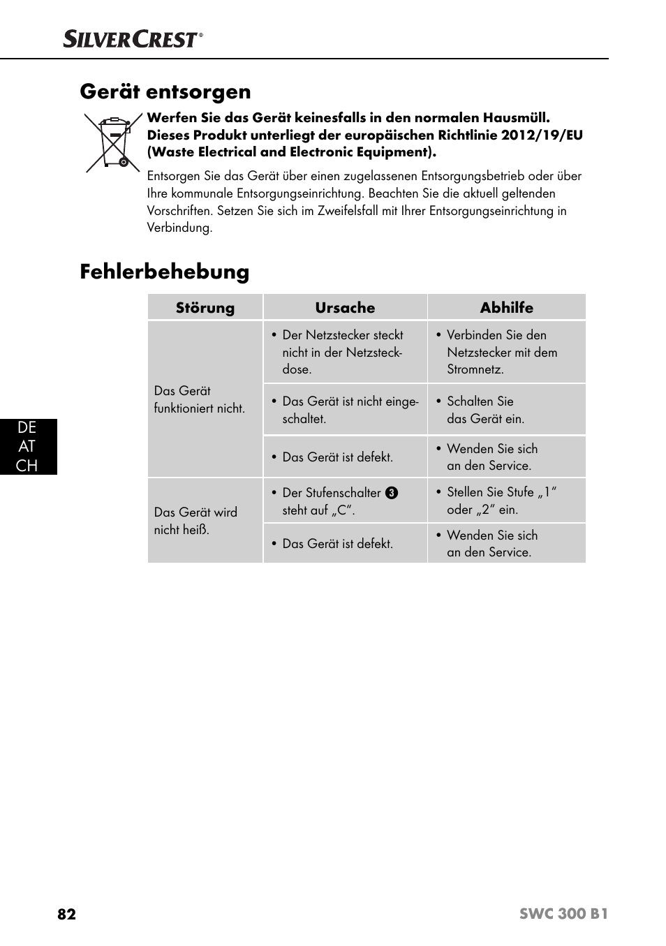 Gerät entsorgen, Fehlerbehebung, De at ch | Silvercrest SWC 300 B1 User Manual | Page 85 / 88