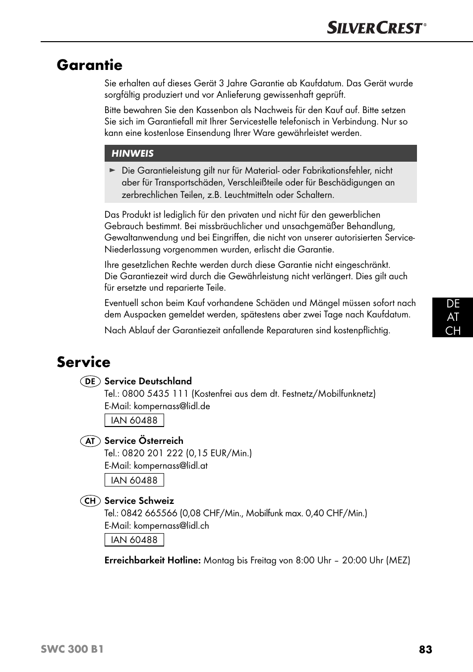 Garantie, Service, De at ch | Silvercrest SWC 300 B1 User Manual | Page 86 / 88