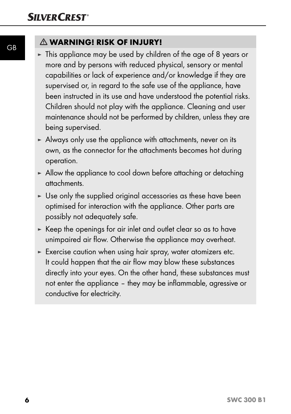 Warning! risk of injury | Silvercrest SWC 300 B1 User Manual | Page 9 / 88
