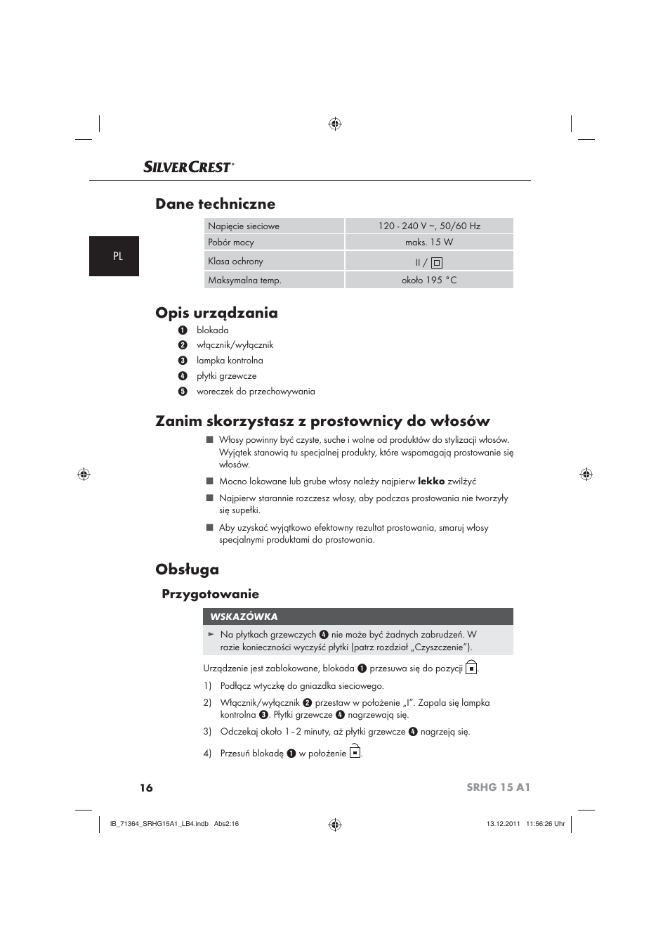 Dane techniczne, Opis urządzania, Zanim skorzystasz z prostownicy do włosów | Obsługa, Przygotowanie | Silvercrest SRHG 15 A1 User Manual | Page 18 / 72