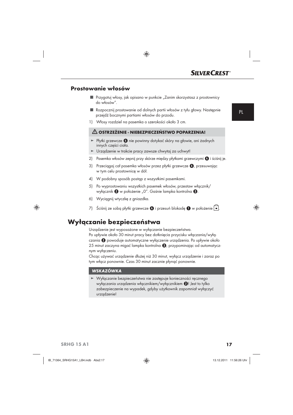 Wyłączanie bezpieczeństwa, Prostowanie włosów | Silvercrest SRHG 15 A1 User Manual | Page 19 / 72