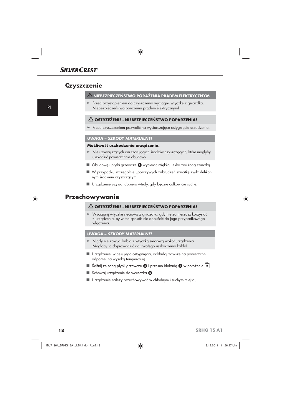 Czyszczenie, Przechowywanie | Silvercrest SRHG 15 A1 User Manual | Page 20 / 72