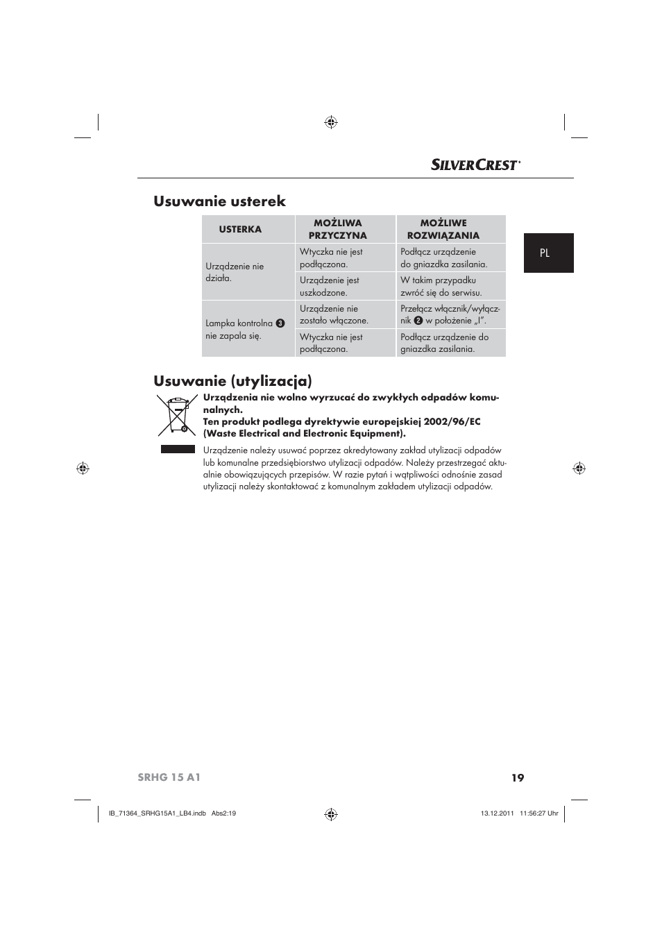 Usuwanie usterek, Usuwanie (utylizacja) | Silvercrest SRHG 15 A1 User Manual | Page 21 / 72