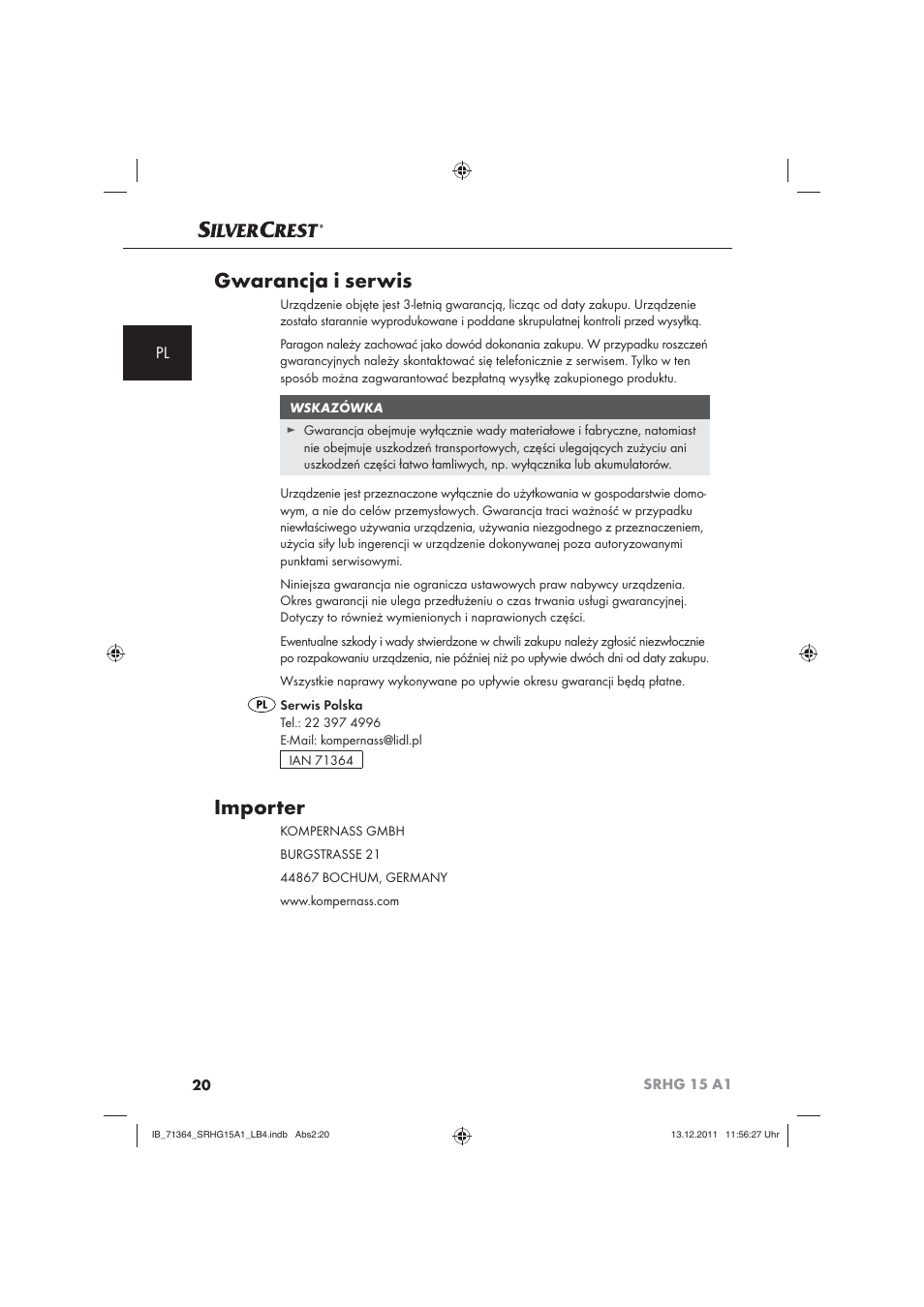 Gwarancja i serwis, Importer | Silvercrest SRHG 15 A1 User Manual | Page 22 / 72