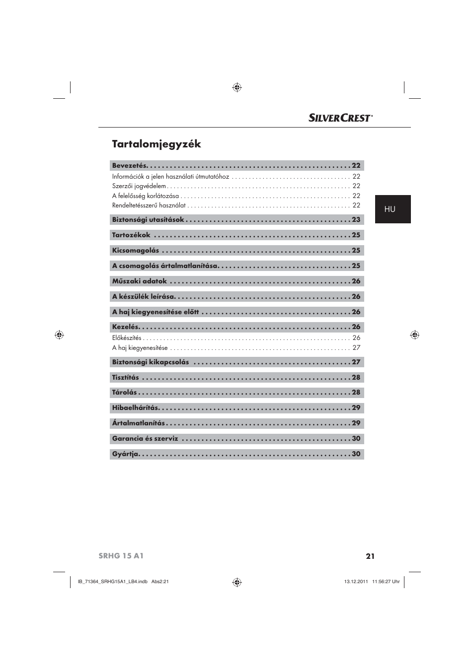 Tartalomjegyzék | Silvercrest SRHG 15 A1 User Manual | Page 23 / 72