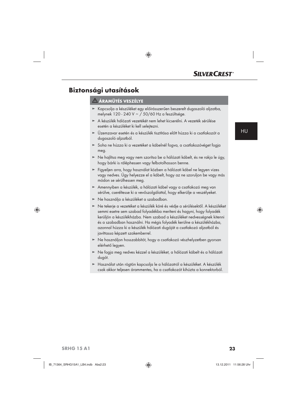 Biztonsági utasítások | Silvercrest SRHG 15 A1 User Manual | Page 25 / 72