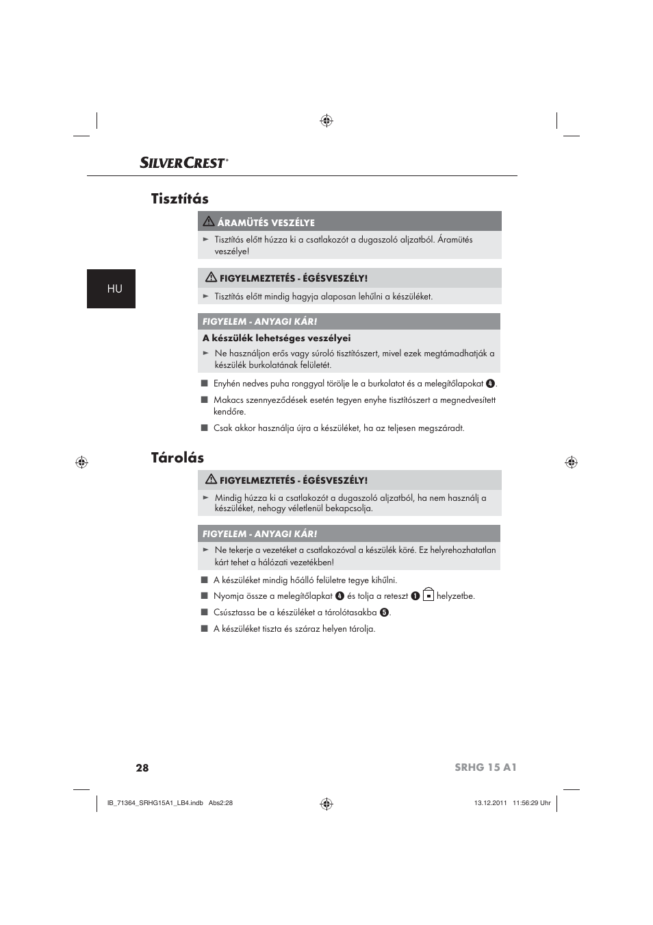 Tisztítás, Tárolás | Silvercrest SRHG 15 A1 User Manual | Page 30 / 72